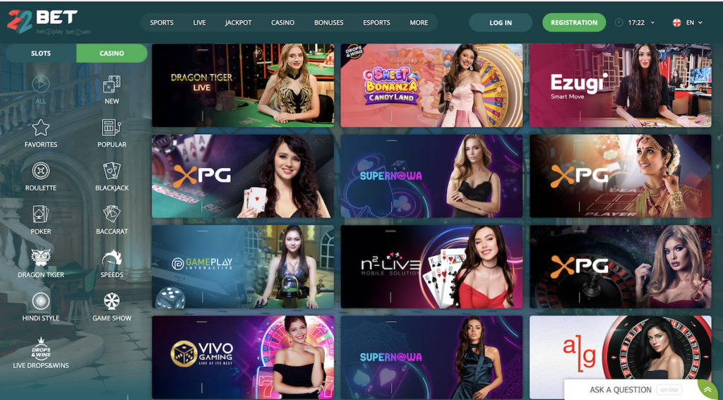 live casino 22bet