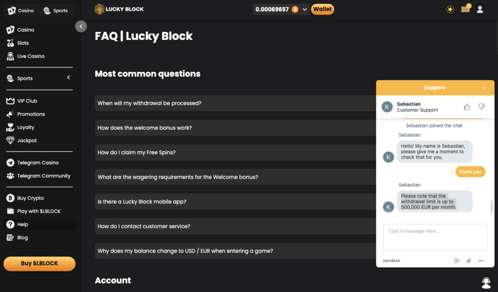 Kundsupport at Lucky Block Kasino