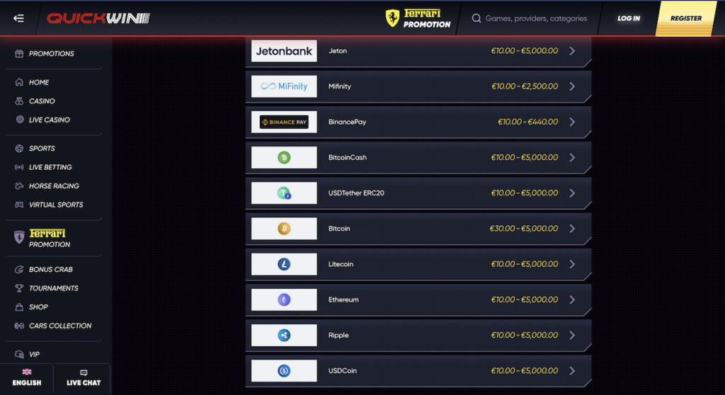 payment methods at quickwin casino