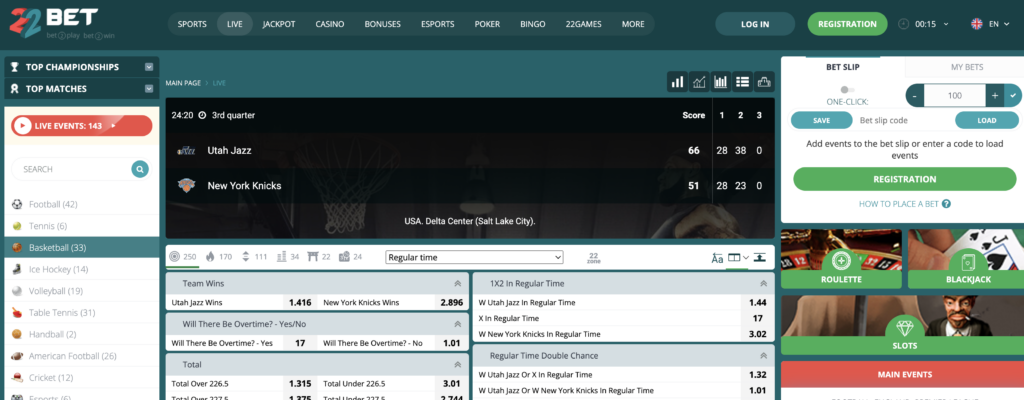 22Bet Live Betting