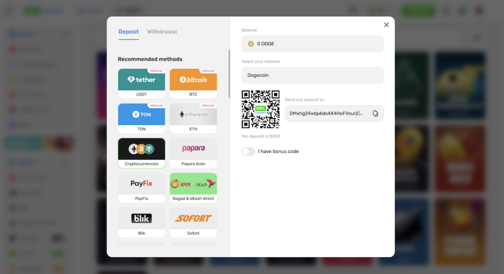 deposit methods at win.casino