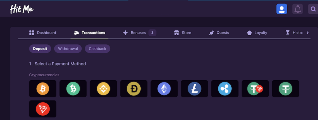 crypto deposit methods at hit me casino