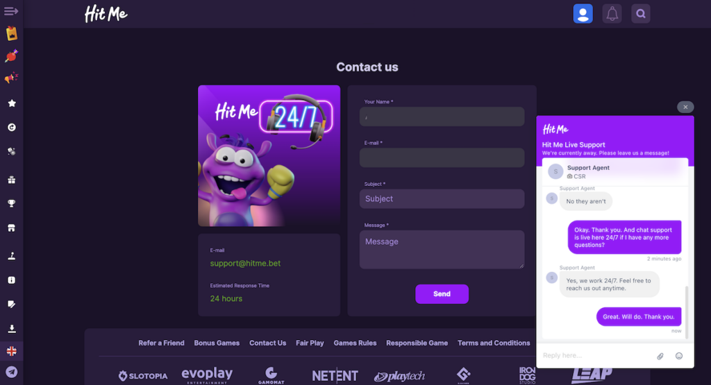 customer support at hit me casino